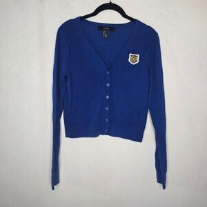 Forever 21 Womens Royal Blue Tiger Patch Cropped V-Neck Cardigan Sweater Size M